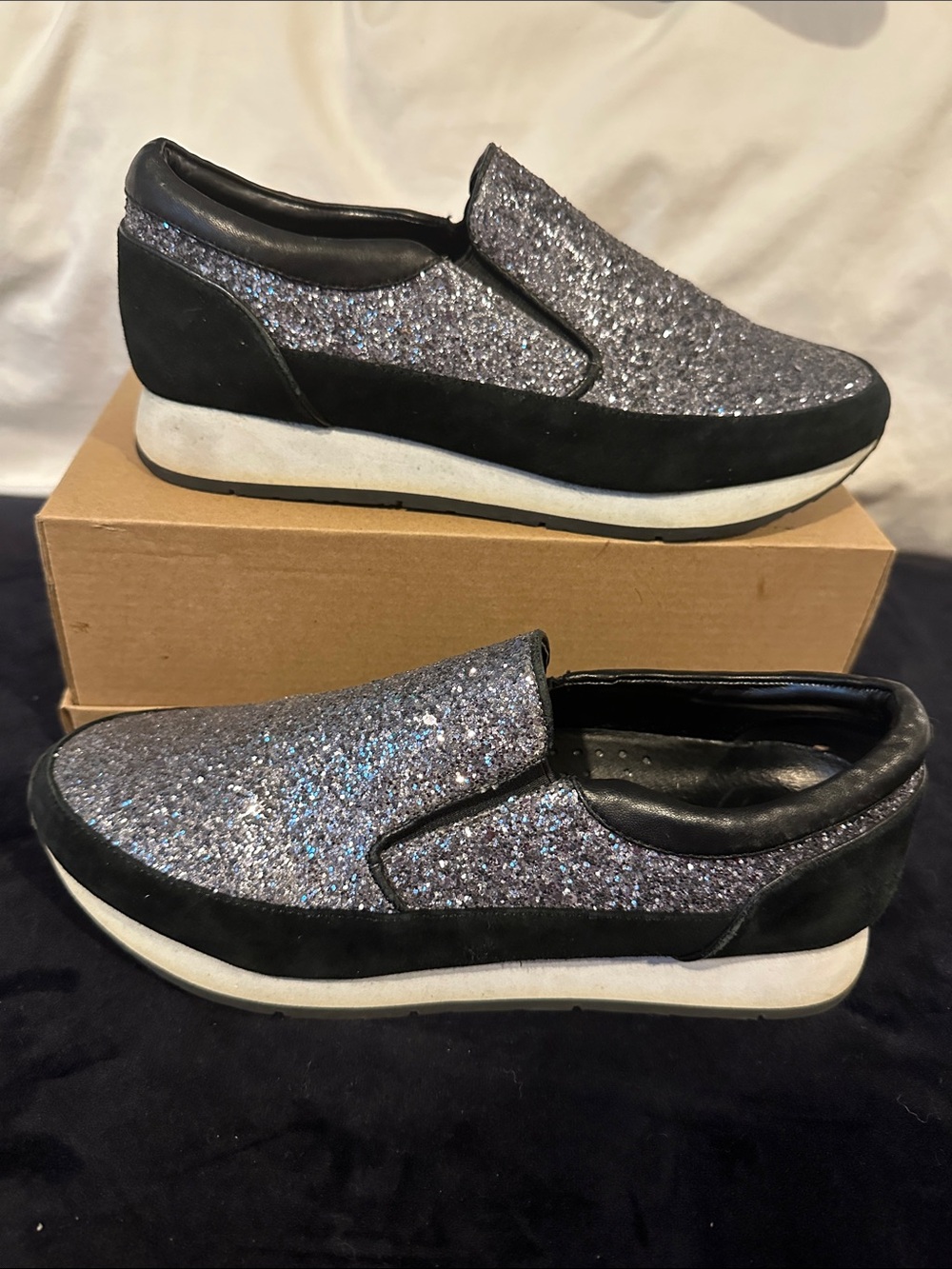 Donald J. Pliner Silver Glitter Slip-On Sneakers with Black Trim